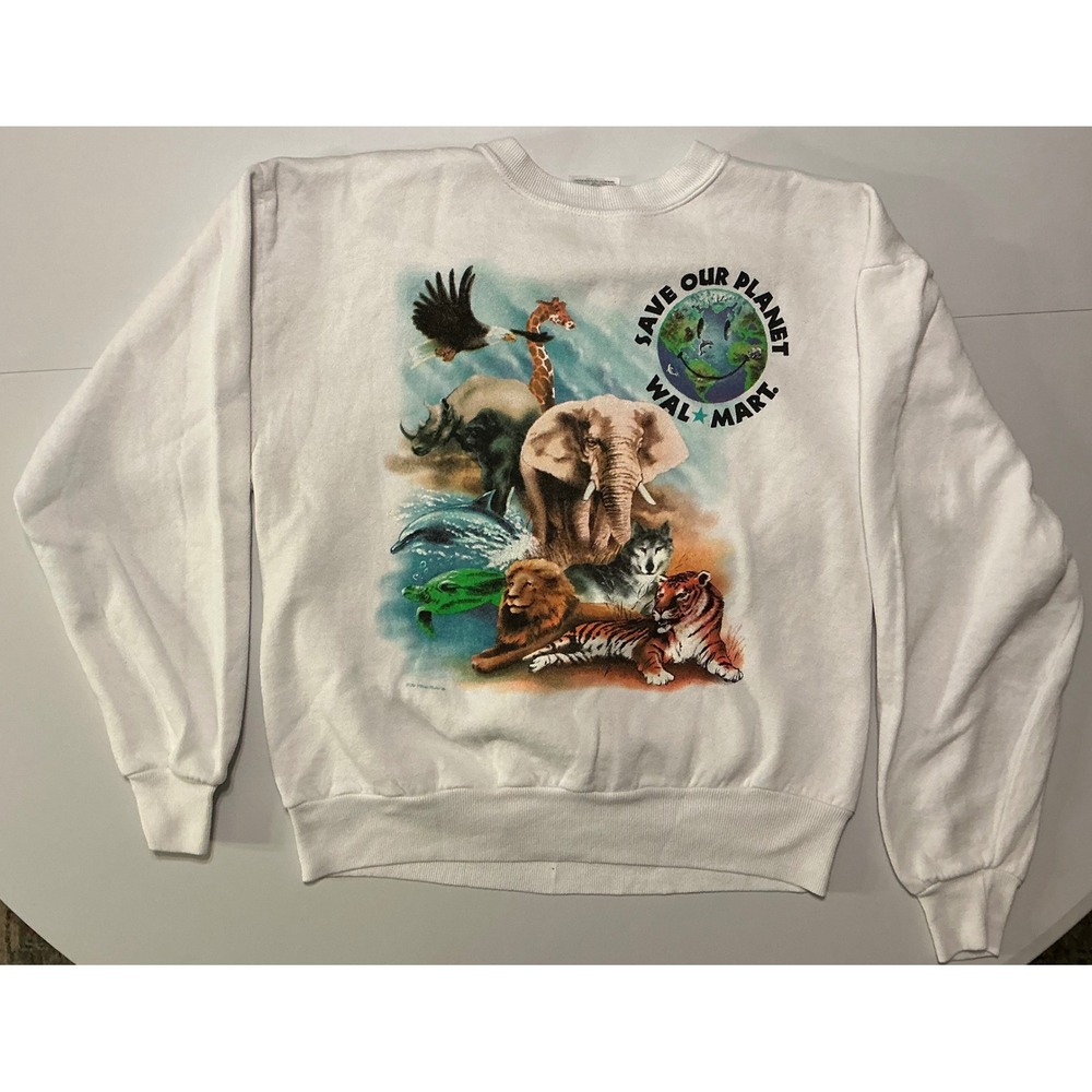 VTG 90s Walmart Nature Save Our Planet Crewneck Sweatshirt M White Animals
